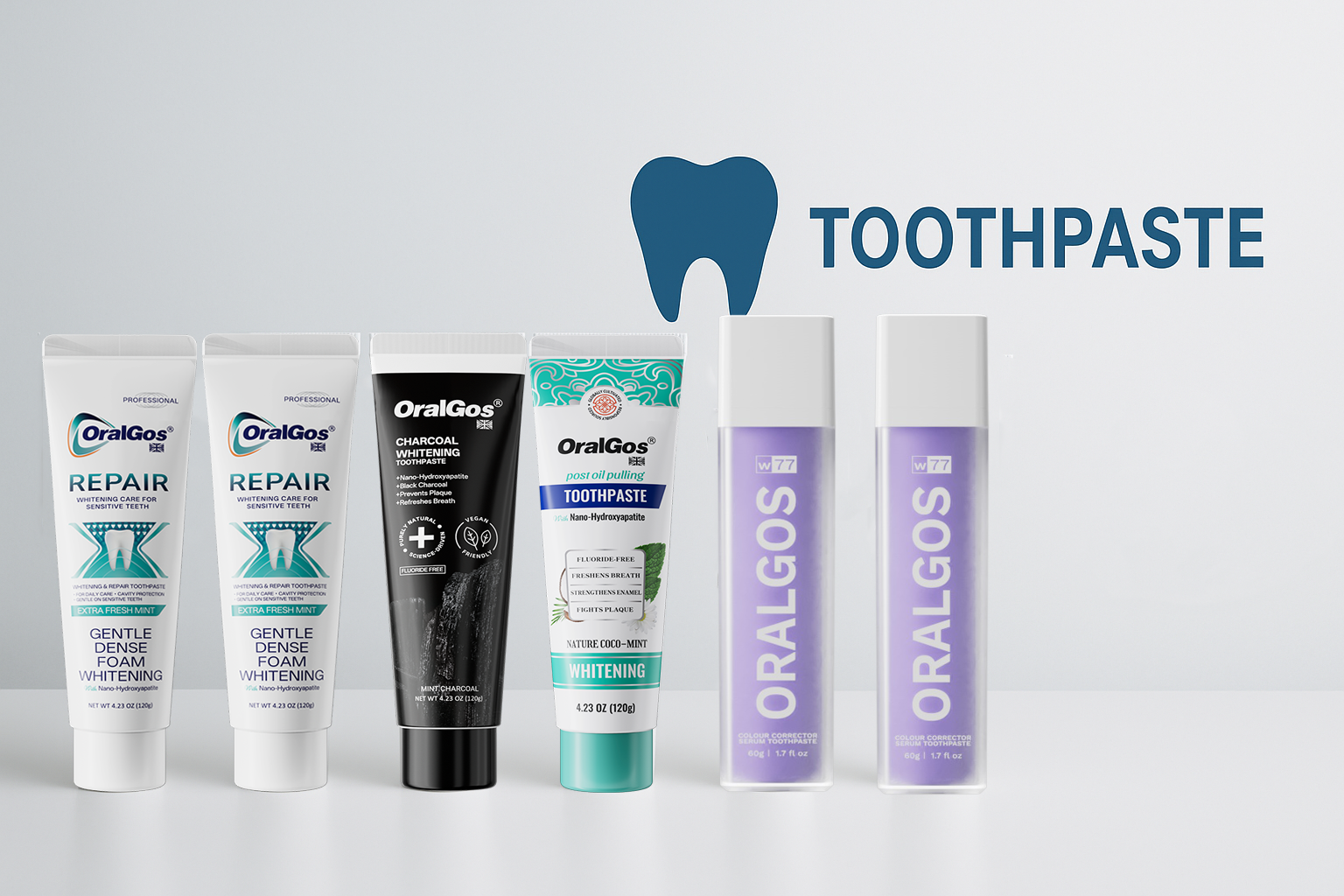 Private label toothpaste brand concept with multiple toothpaste tubes on a clean surface