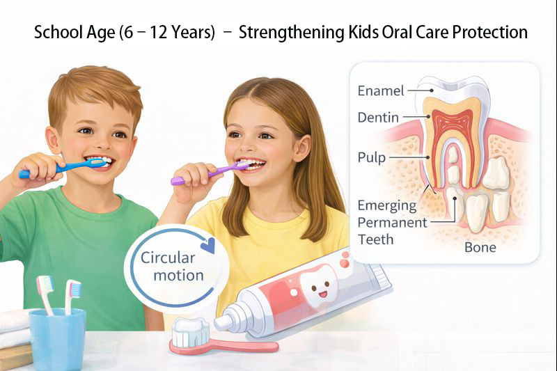 School-age children brushing permanent teeth correctly