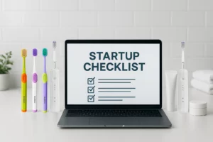 Entrepreneur reviewing toothbrush startup checklist with toothbrushes and oral care products on desk