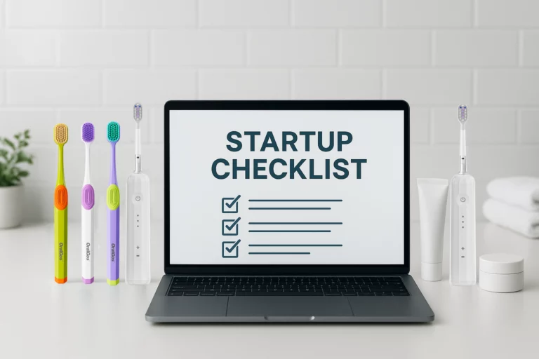 Entrepreneur reviewing toothbrush startup checklist with toothbrushes and oral care products on desk