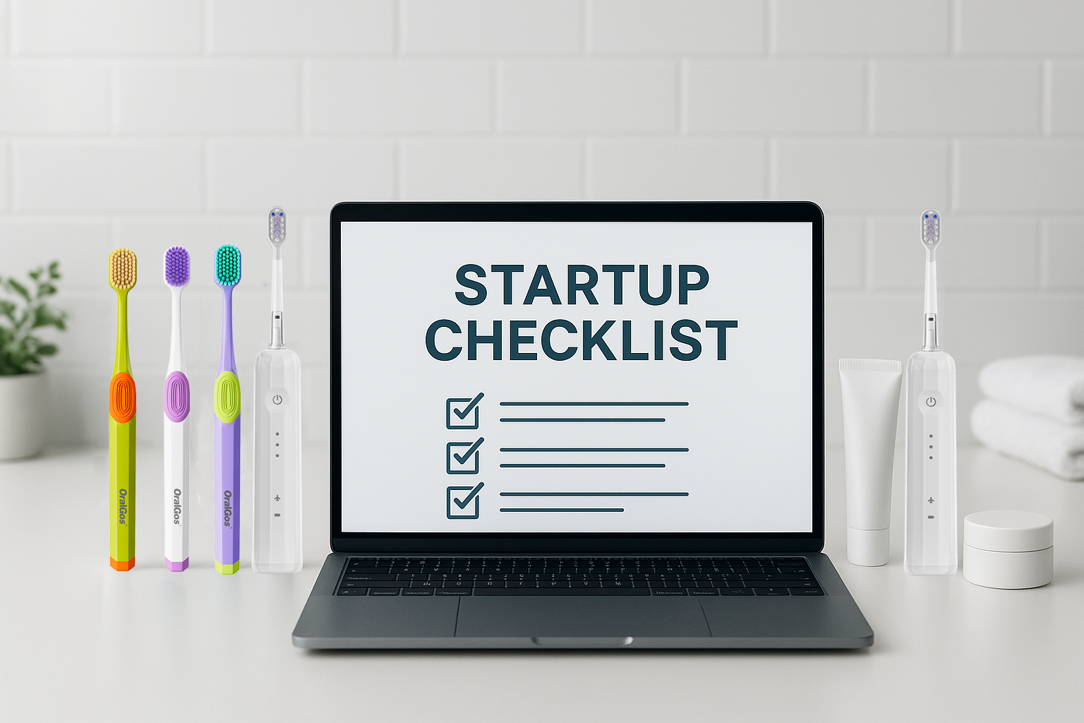 Entrepreneur reviewing toothbrush startup checklist with toothbrushes and oral care products on desk