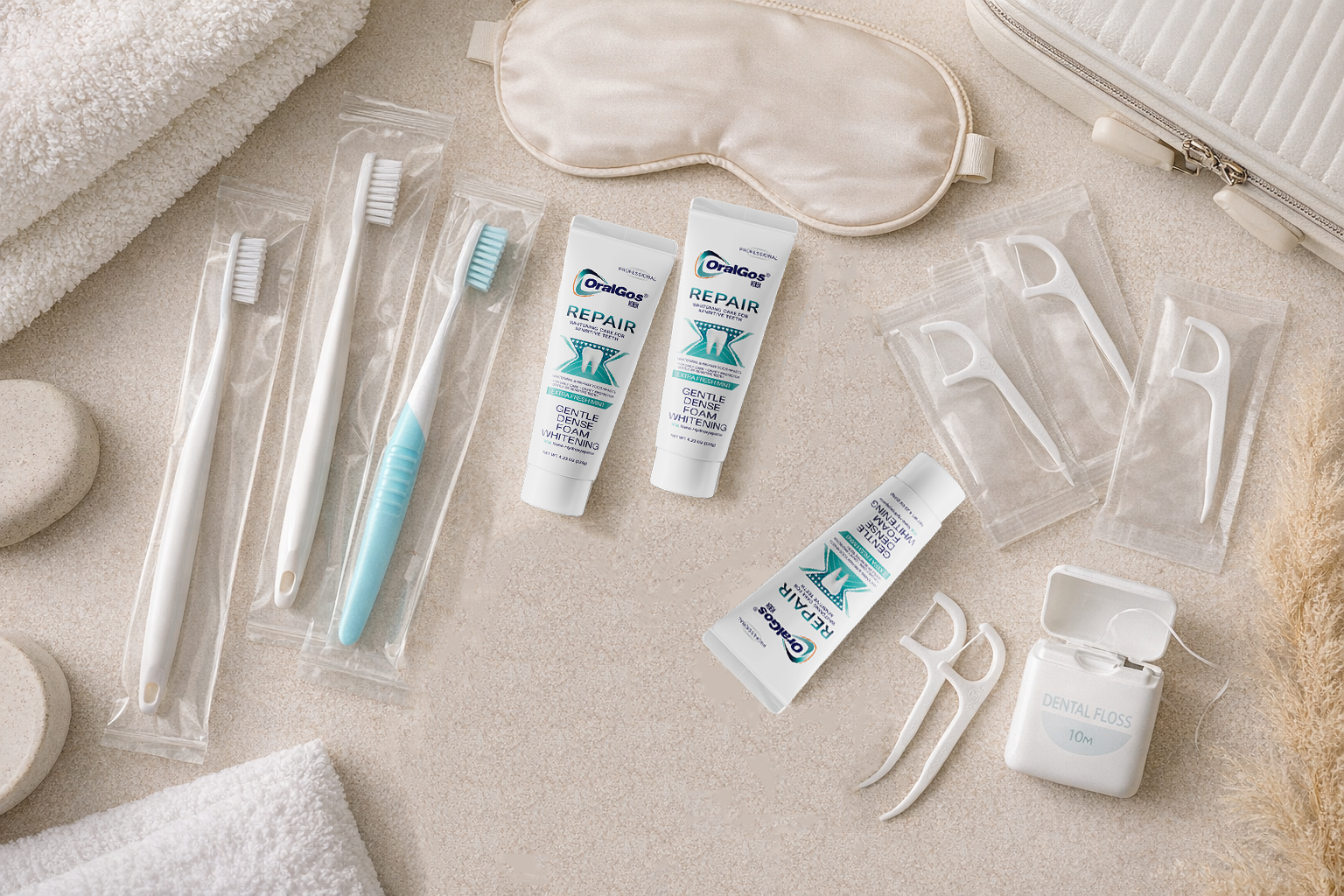 Travel-size toothpaste and toothbrushes for hotel guest amenities