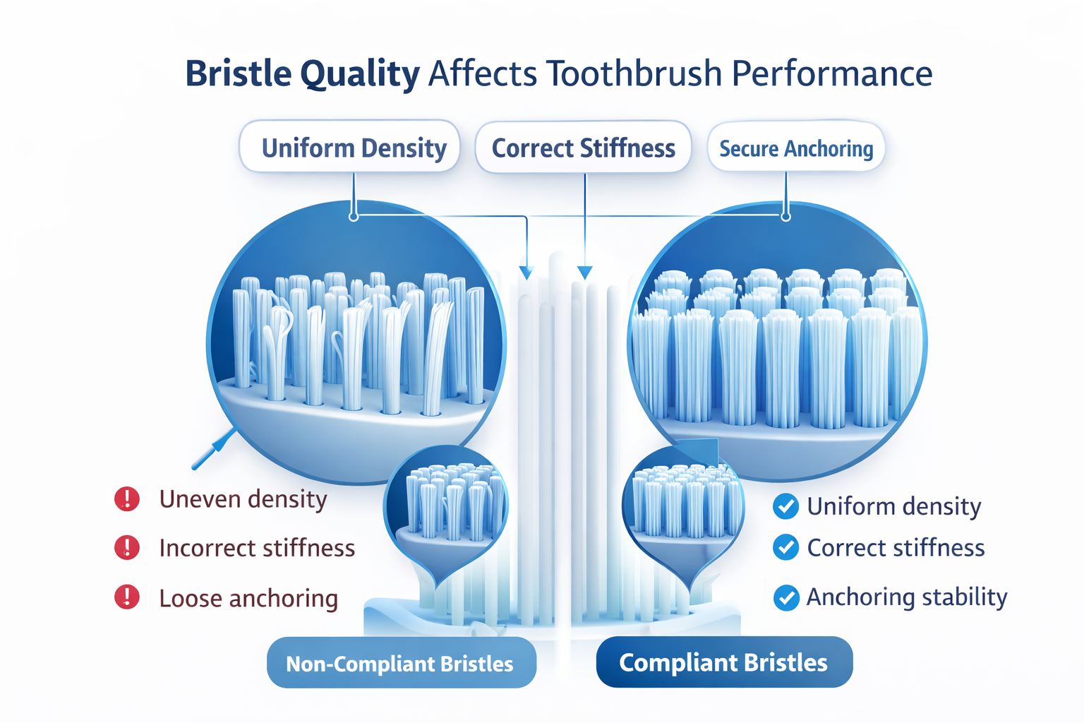 Illustration showing the three core areas of toothbrush manufacturing quality control: bristles, handle, and hygiene