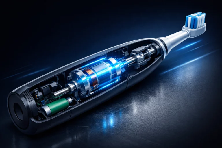 Electric toothbrush motor highlighted inside toothbrush internal structure