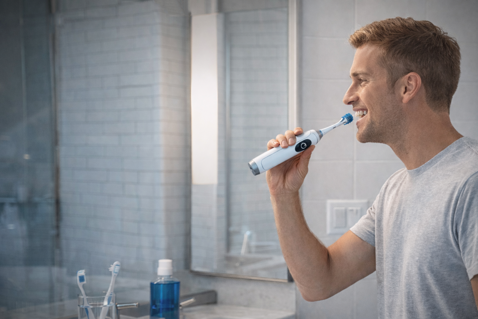 North American consumer using electric toothbrush in modern bathroom