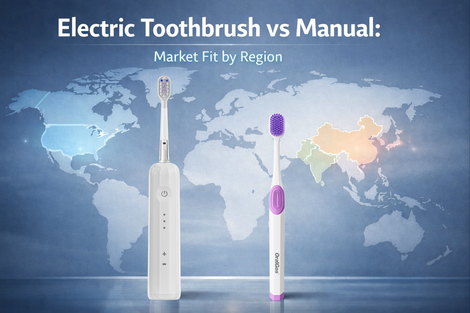 Electric and manual toothbrushes displayed with global regional map background