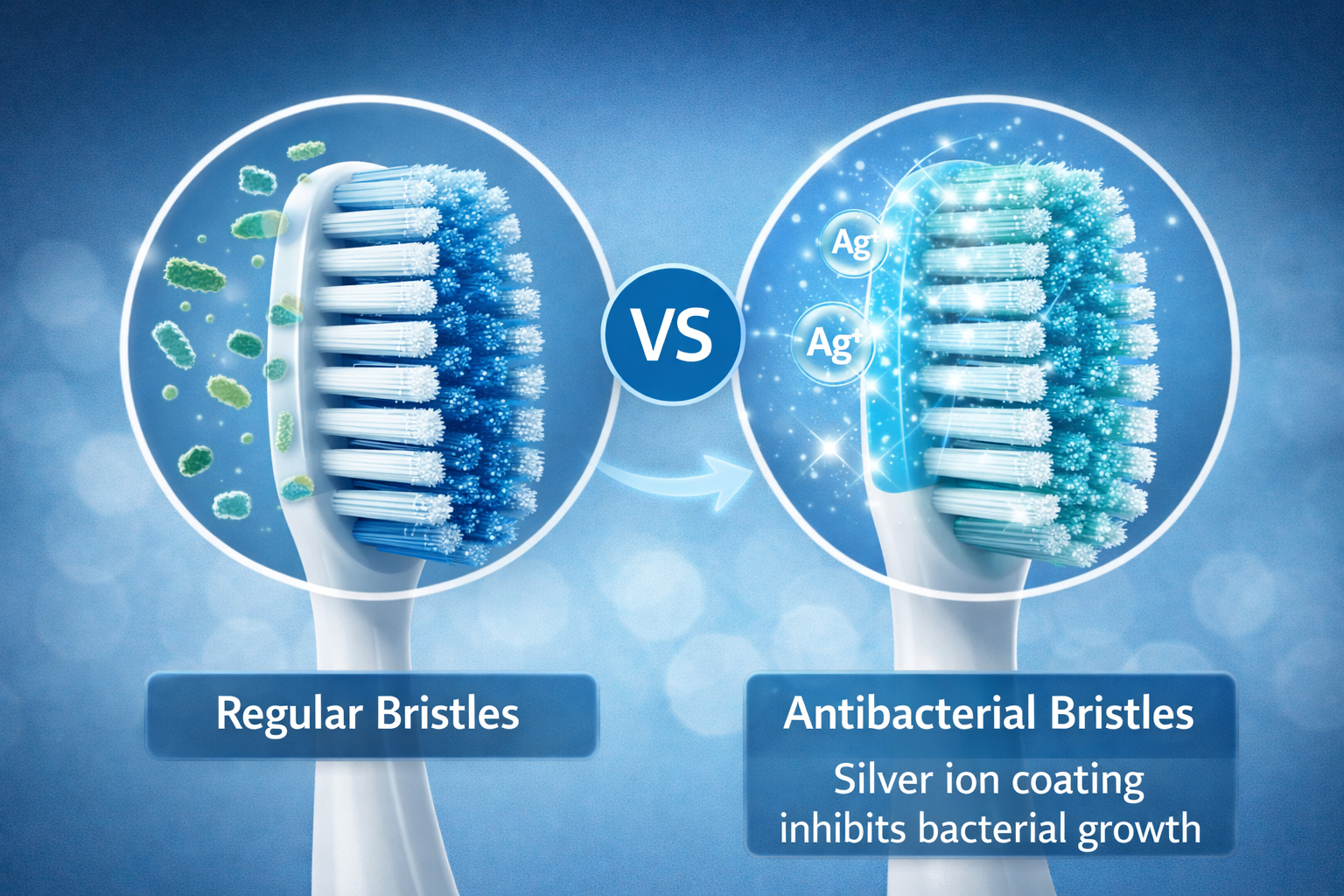 Diagram comparing antibacterial toothbrush bristles with regular toothbrush bristles