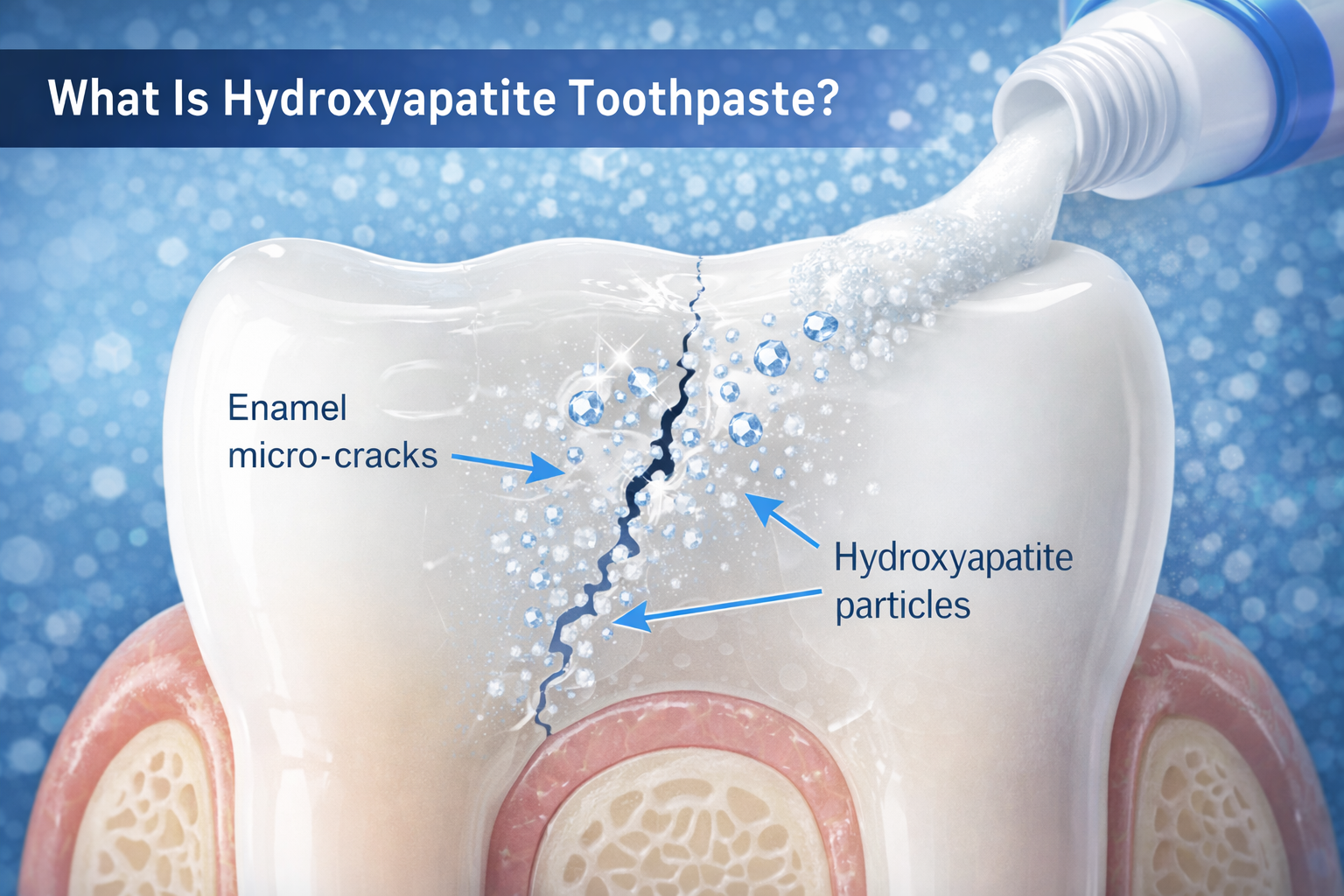 Diagram showing how Hydroxyapatite toothpaste repairs enamel micro-cracks