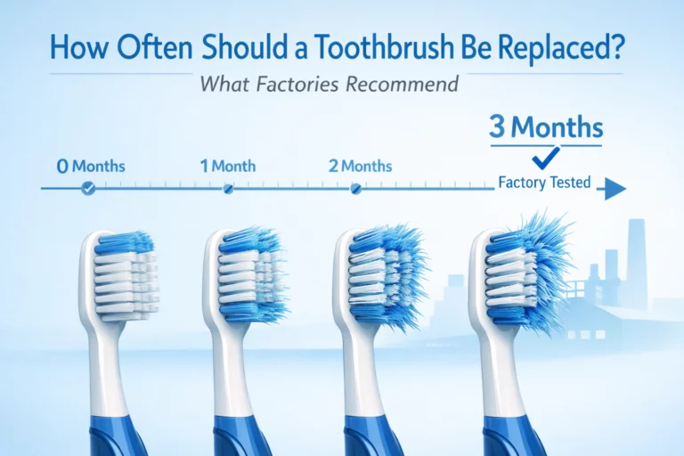 Toothbrush replacement timeline showing new and worn bristles over three months
