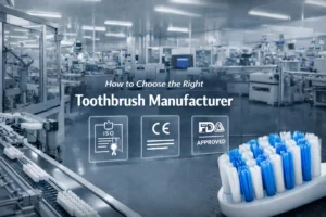 Toothbrush manufacturer evaluation guide showing factory production, quality control, and product design