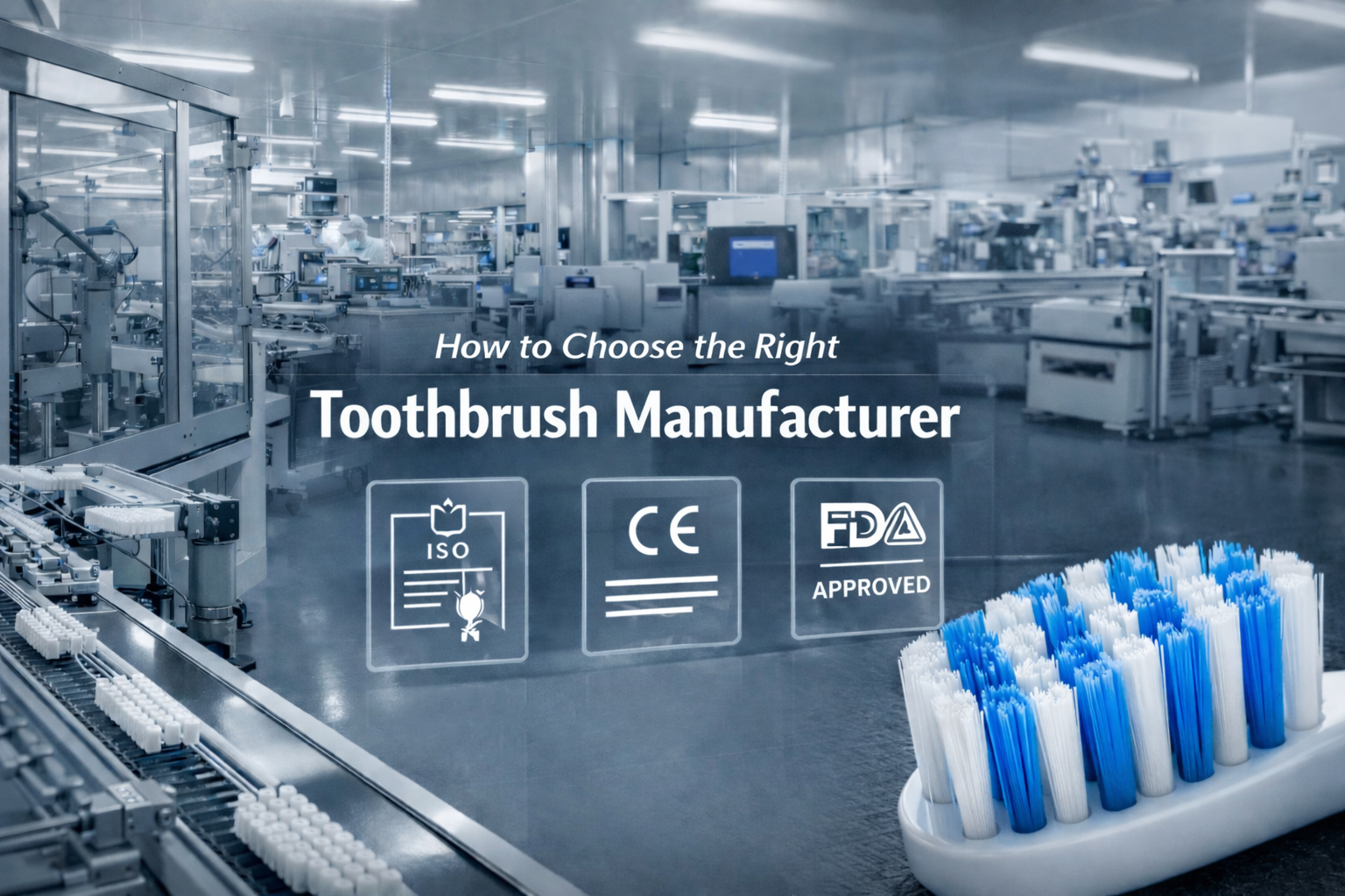 Toothbrush manufacturer evaluation guide showing factory production, quality control, and product design