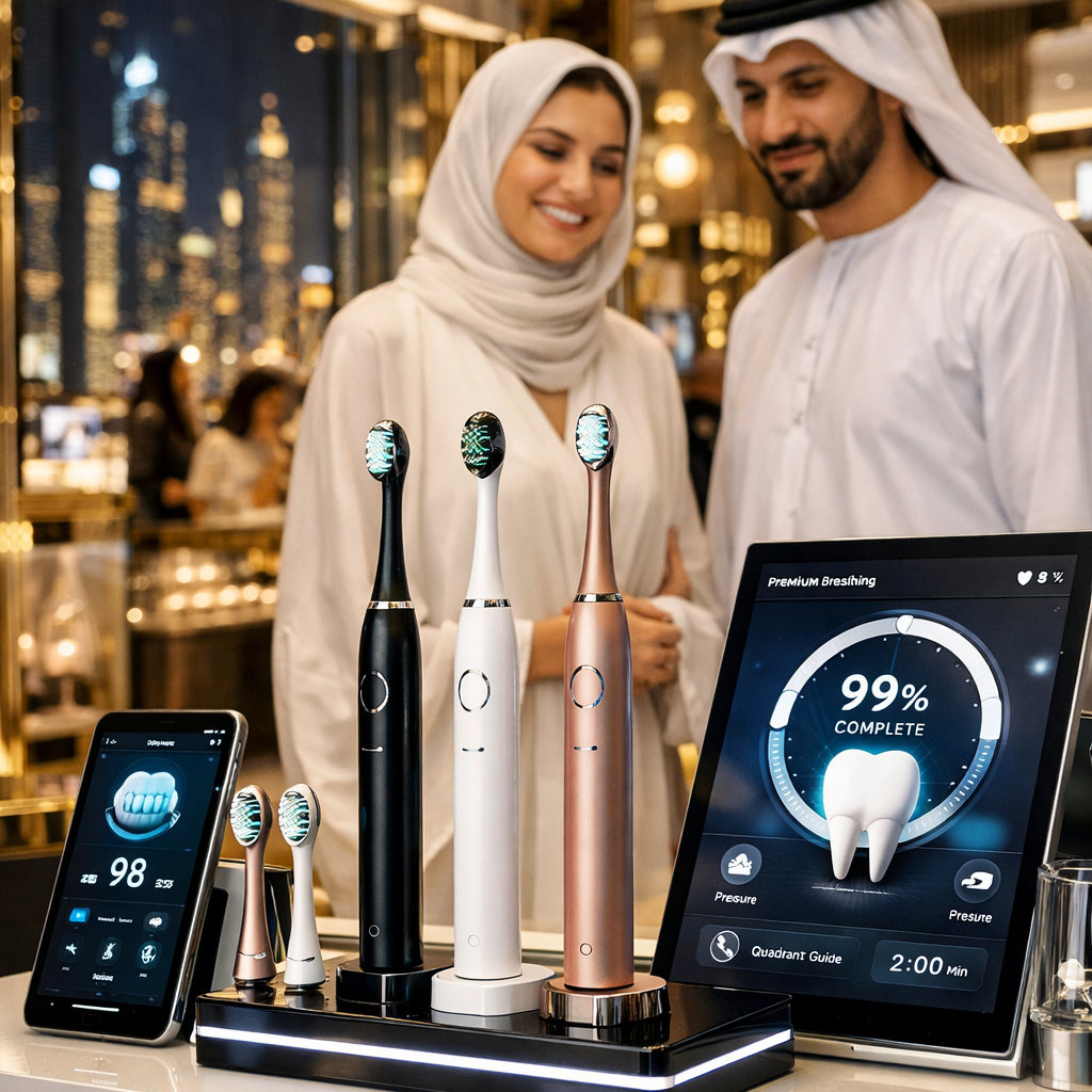 Premium electric toothbrush displayed in Middle Eastern urban retail setting