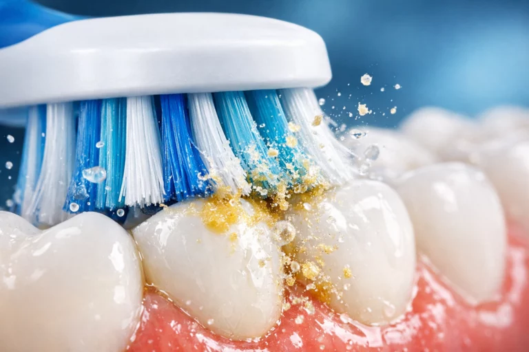 Toothbrush cleaning plaque from teeth, highlighting plaque removal efficiency