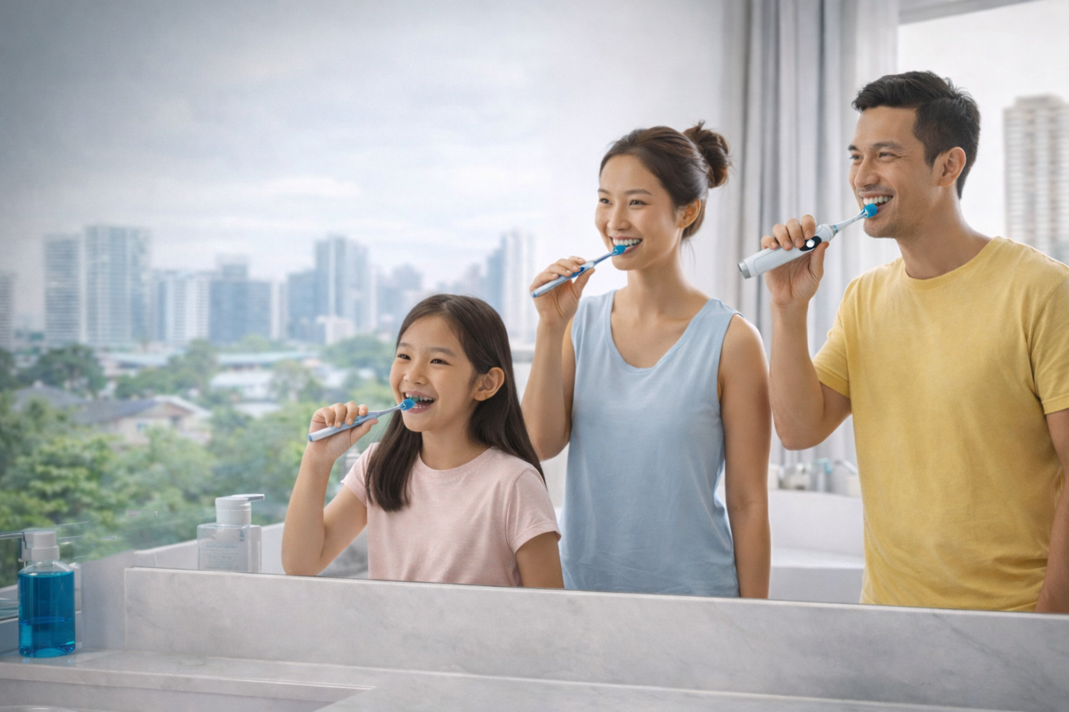 Southeast Asian household showing both electric and manual toothbrushes