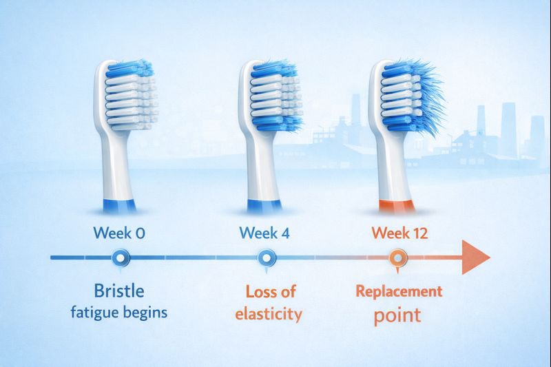 Toothbrush factory testing timeline showing recommended replacement cycle