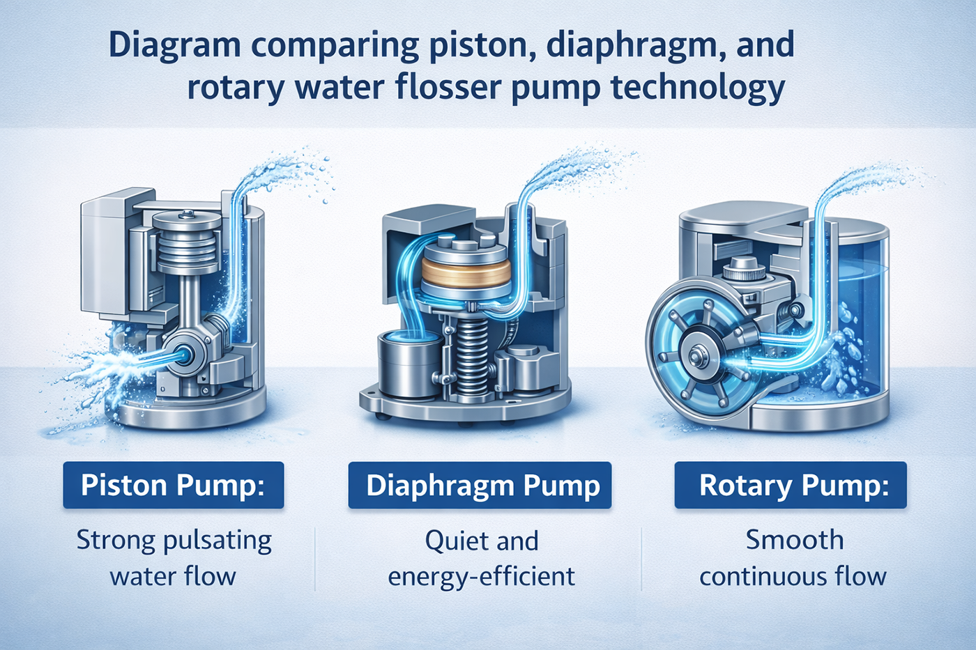 Diagram comparing piston, diaphragm, and rotary water flosser pump technology