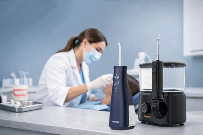 Dentist using a water flosser in a modern dental clinic for professional oral care