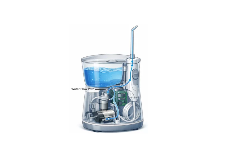 Water flosser internal structure showing pump, reservoir, and tip design