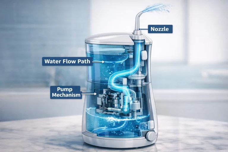 Water flosser pump technology showing internal pump and water flow path