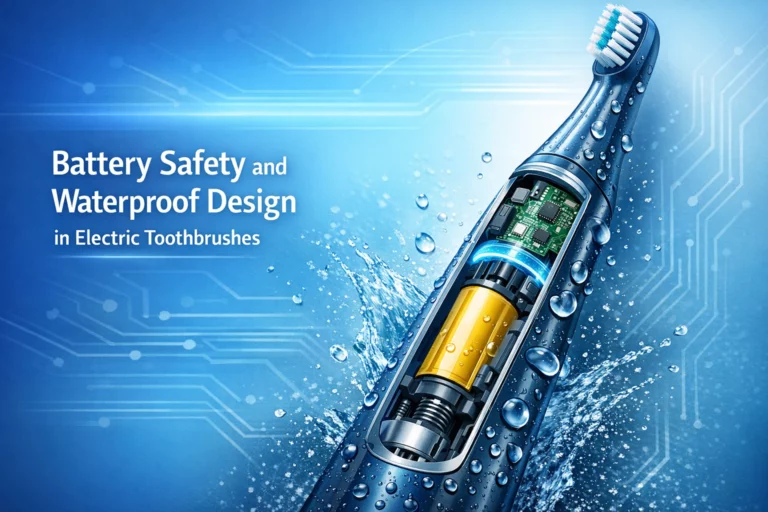 Waterproof electric toothbrush showing internal battery safety and sealed structure