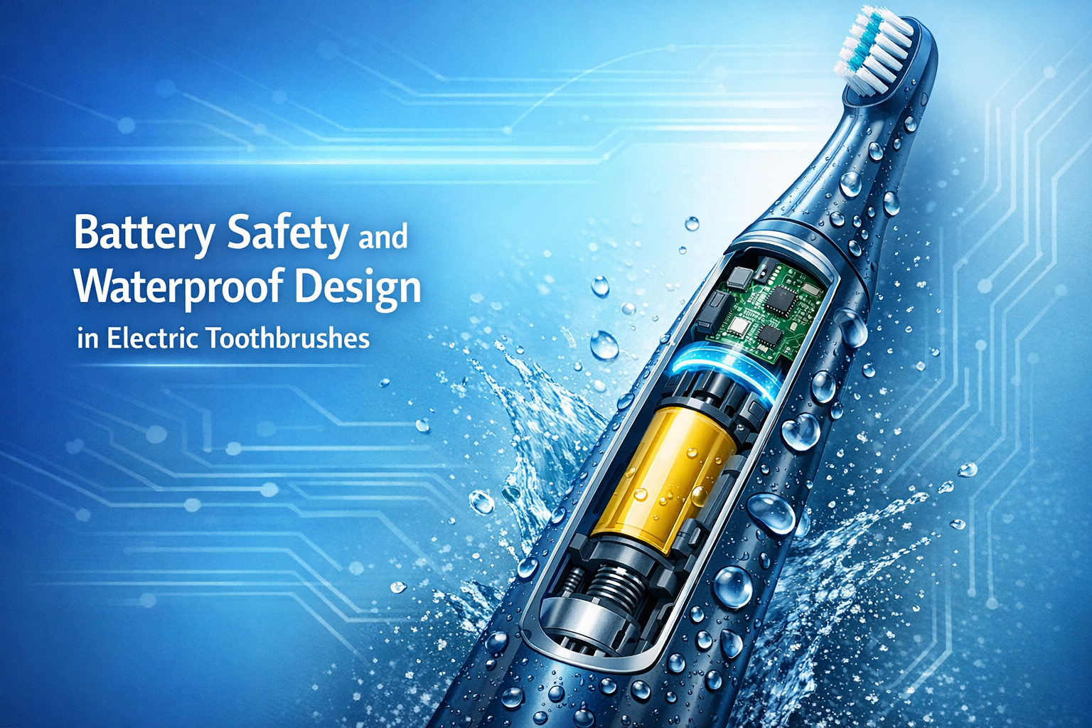 Waterproof electric toothbrush showing internal battery safety and sealed structure