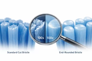 Microscopic comparison between standard cut bristles and end-rounded bristles toothbrush filaments