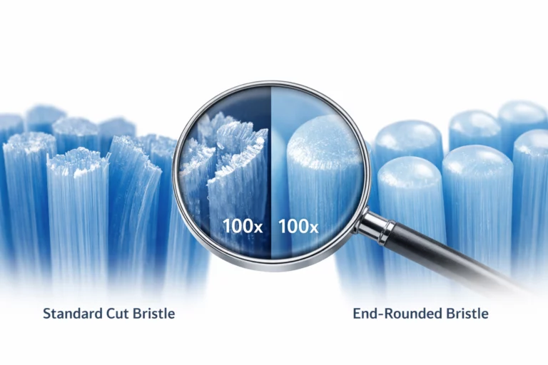Microscopic comparison between standard cut bristles and end-rounded bristles toothbrush filaments