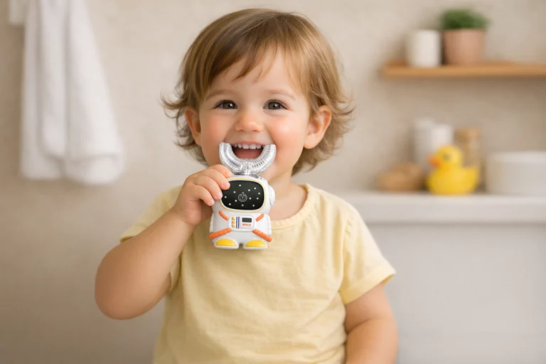 Toddler brushing teeth with a U-shaped toothbrush for safe and effective oral care
