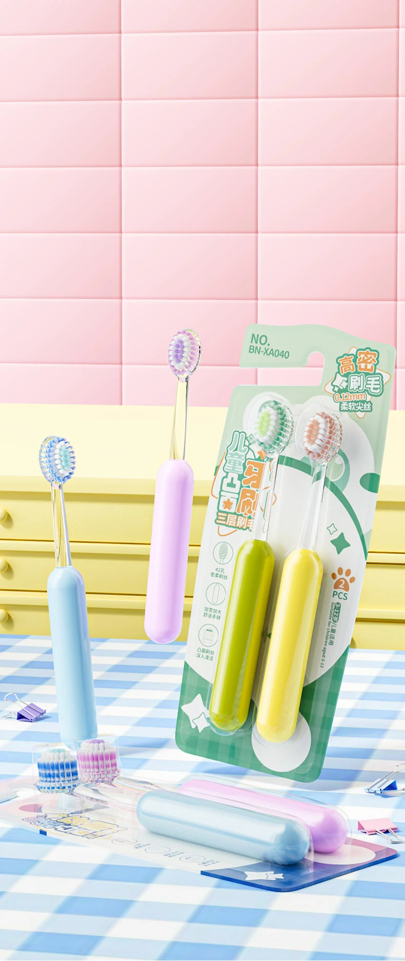 Children Soft Toothbrush with Tri-Level Bristles