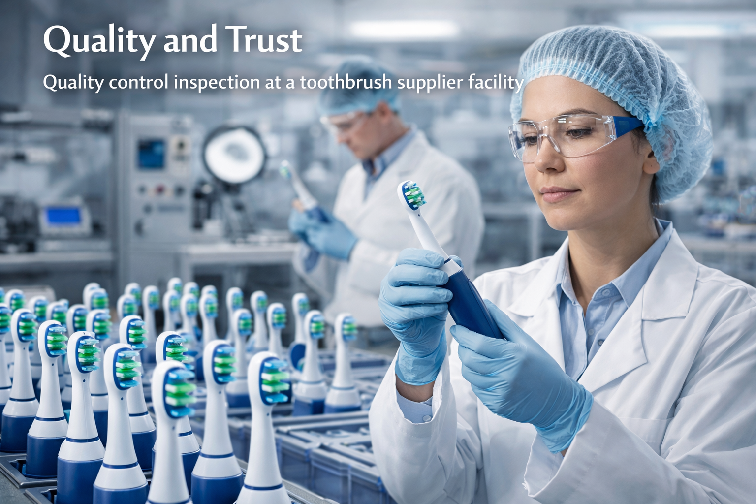 Quality control inspection at a toothbrush supplier facility