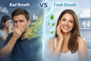 bad breath vs fresh breath comparison in oral hygiene concept