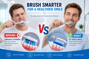 brushing teeth wrong vs correct technique comparison
