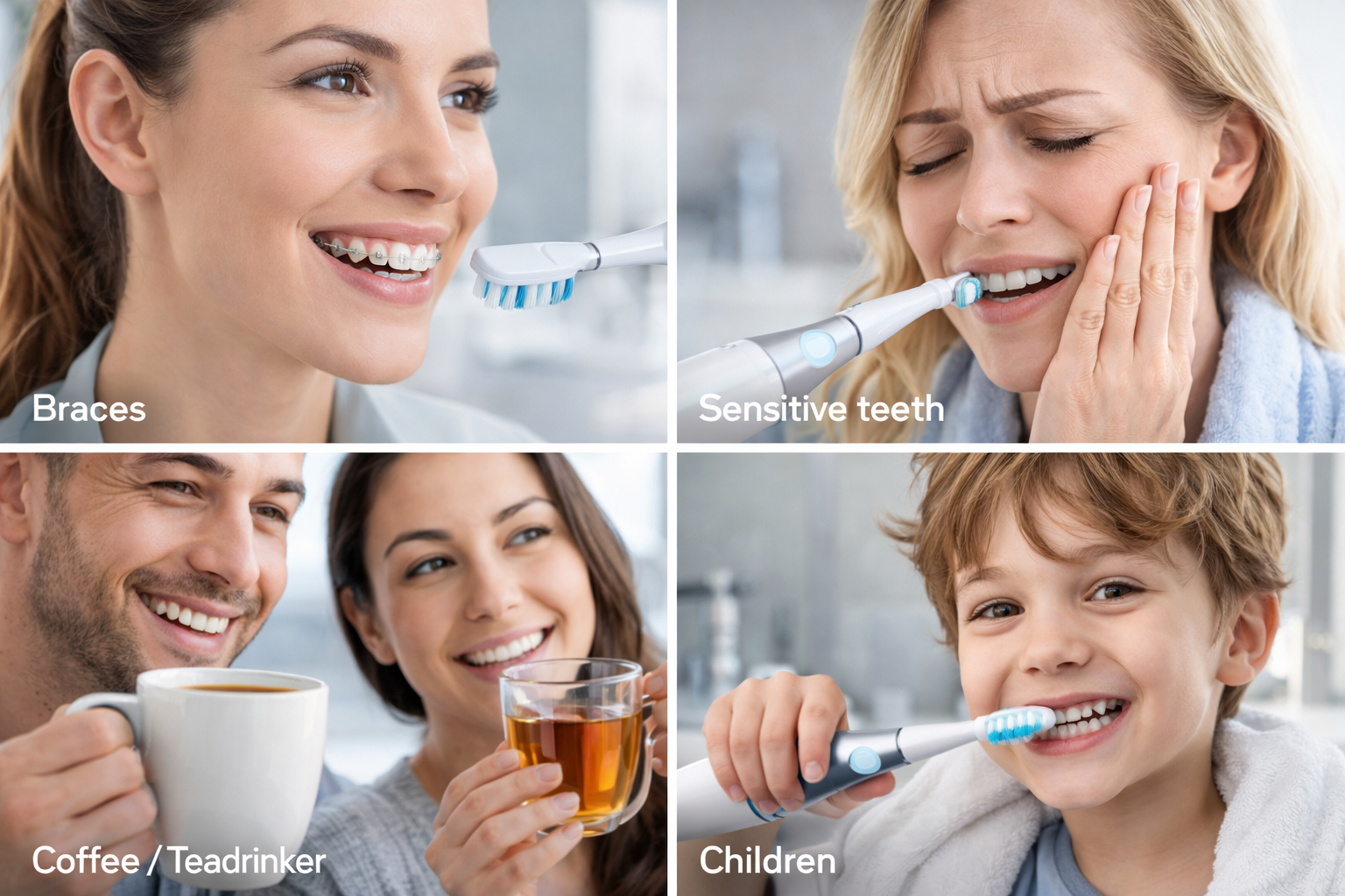 Different users benefiting from sonic toothbrush including braces sensitive teeth and children