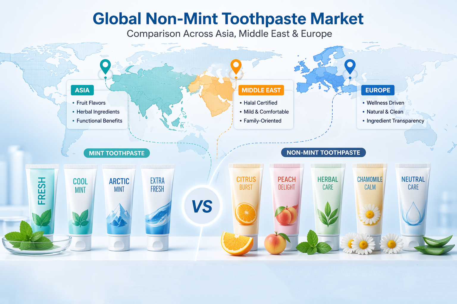Global non-mint toothpaste market comparison across Asia Middle East and Europe oral care trends map visualization