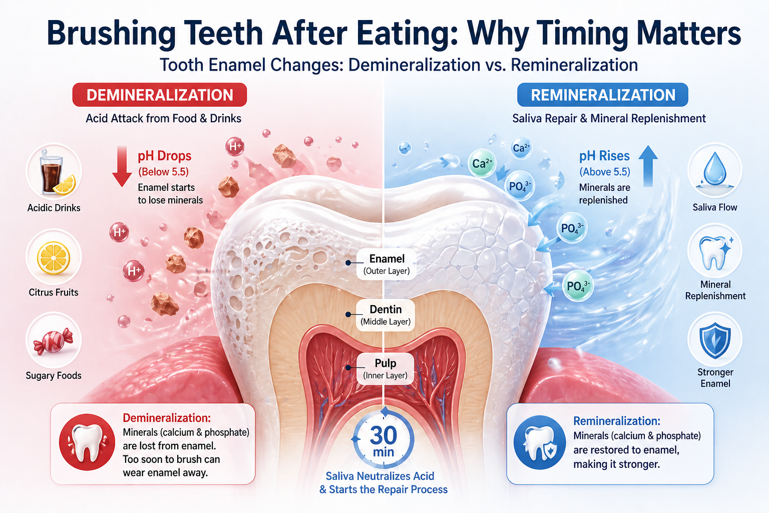 tooth enamel demineralization and remineralization after eating acid exposure