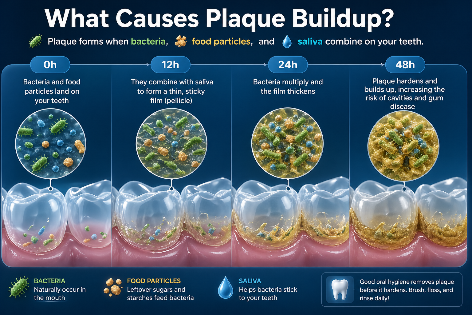 how plaque buildup forms on teeth step by step bacteria and food particles