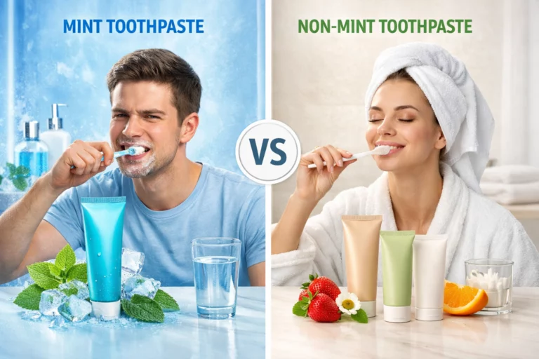 Non-mint toothpaste vs mint toothpaste comparison in a modern bathroom setting