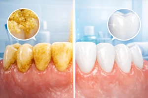 plaque buildup on teeth vs clean teeth comparison oral hygiene concept