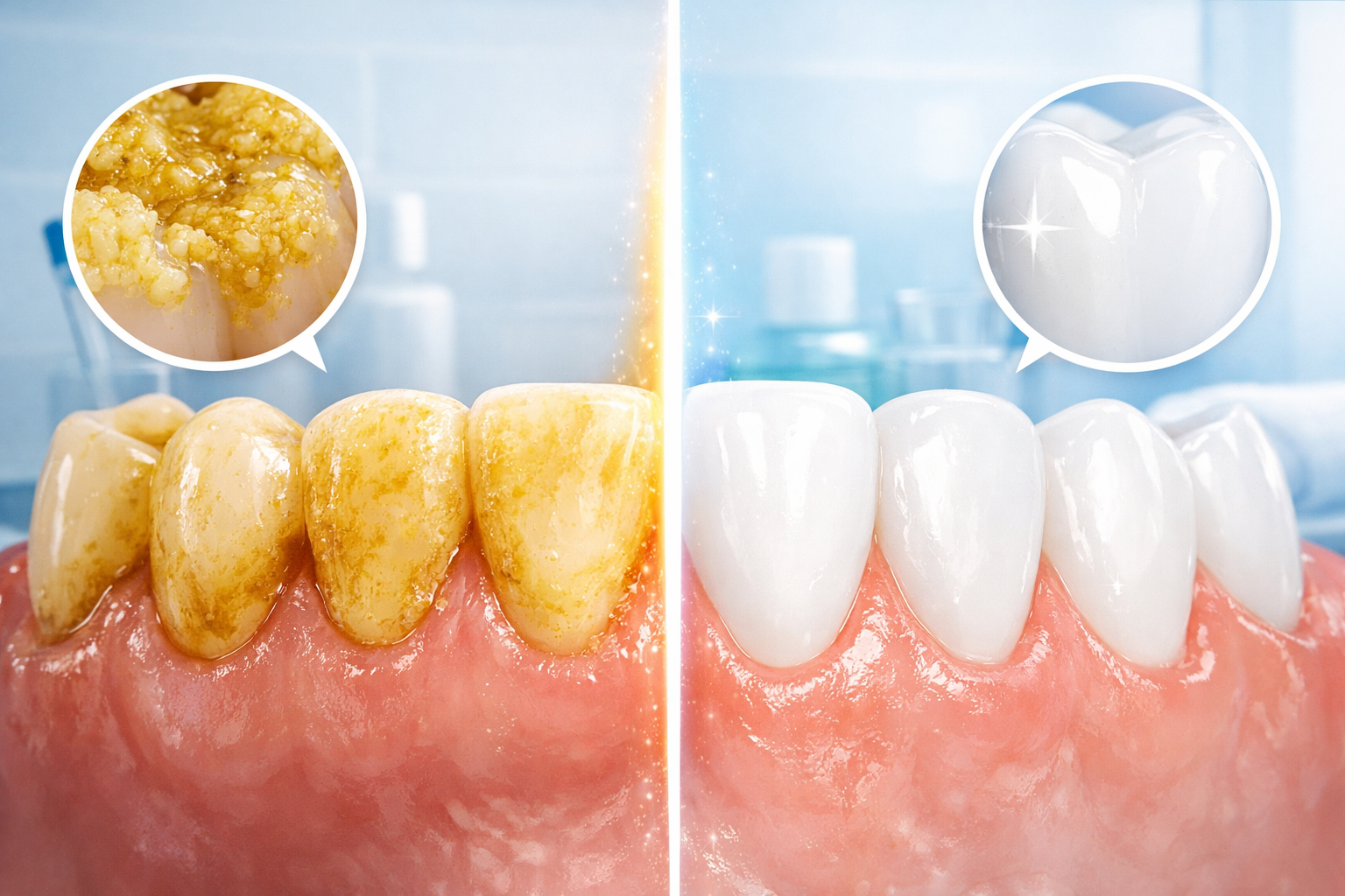 plaque buildup on teeth vs clean teeth comparison oral hygiene concept