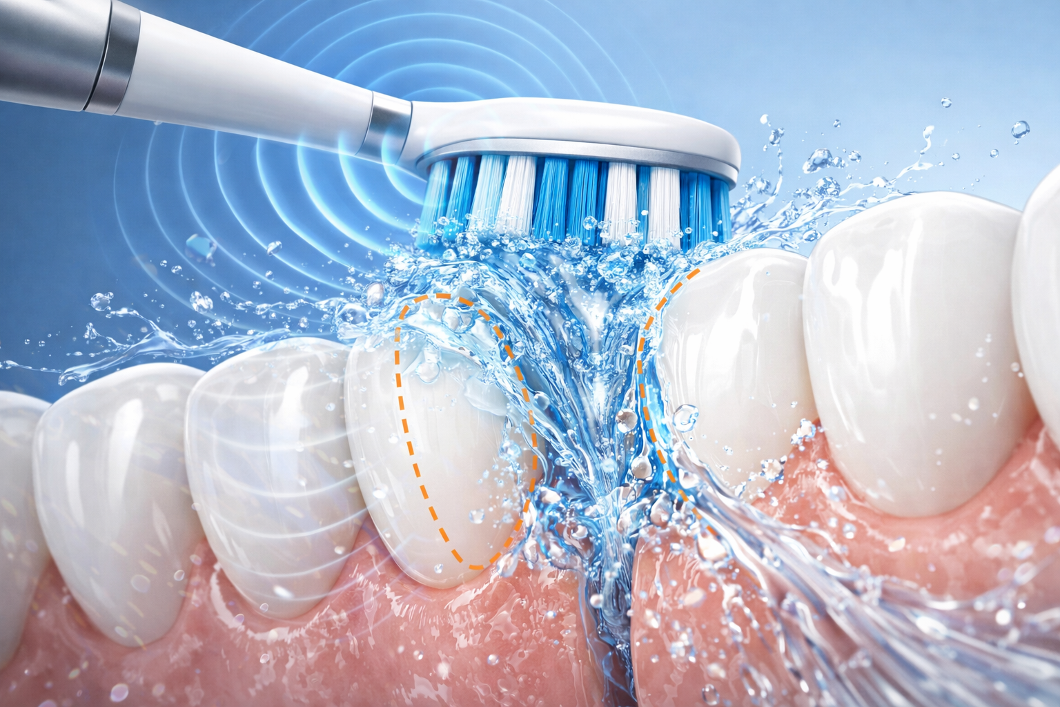 Sonic toothbrush vibration frequency creating fluid dynamics for deep cleaning between teeth