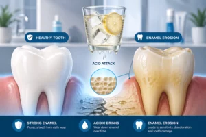 tooth enamel erosion causes comparison healthy vs damaged teeth acid damage illustration