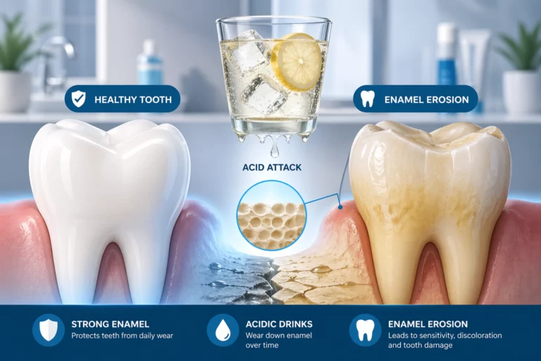 tooth enamel erosion causes comparison healthy vs damaged teeth acid damage illustration