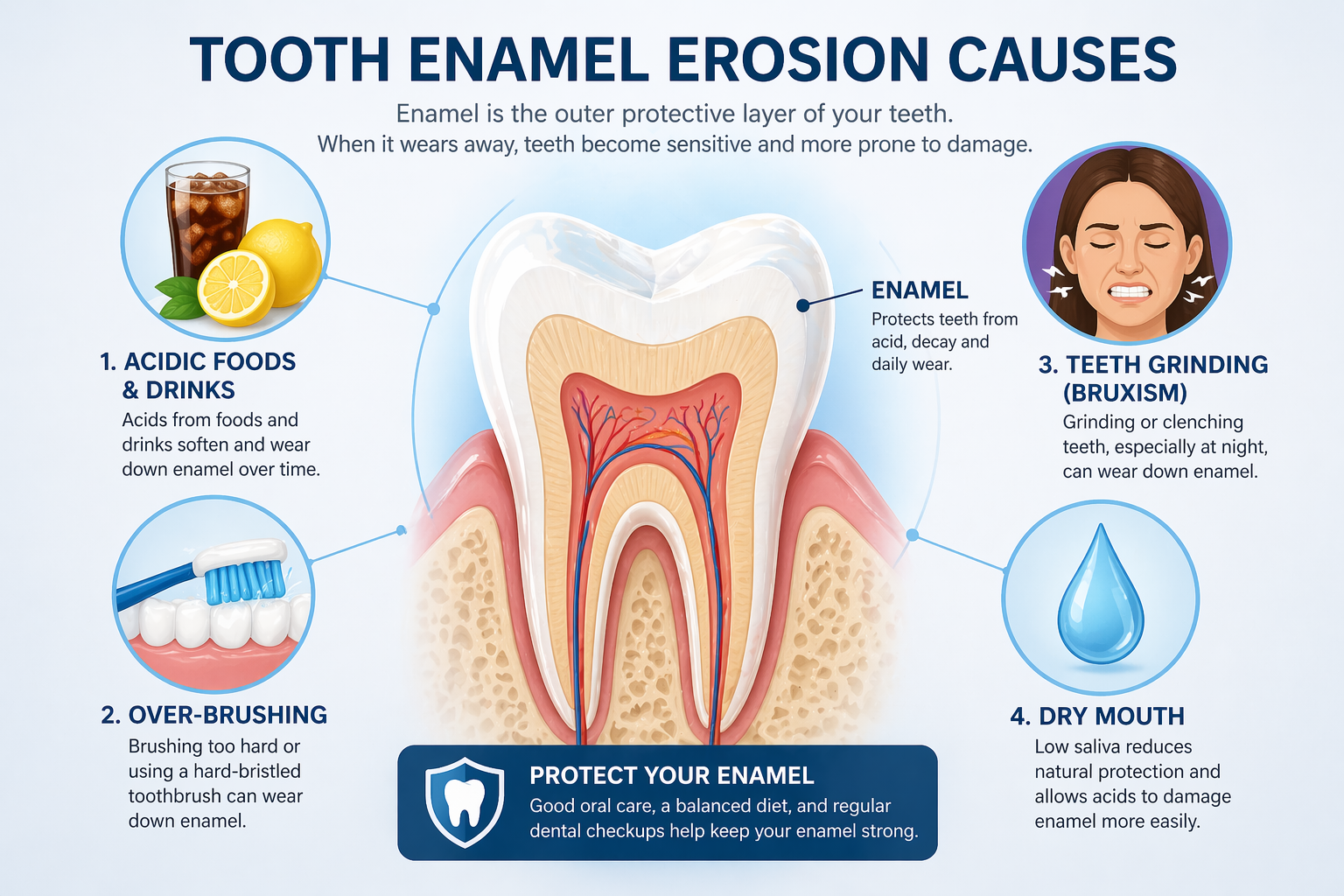 tooth enamel erosion causes infographic acid food brushing habits dry mouth