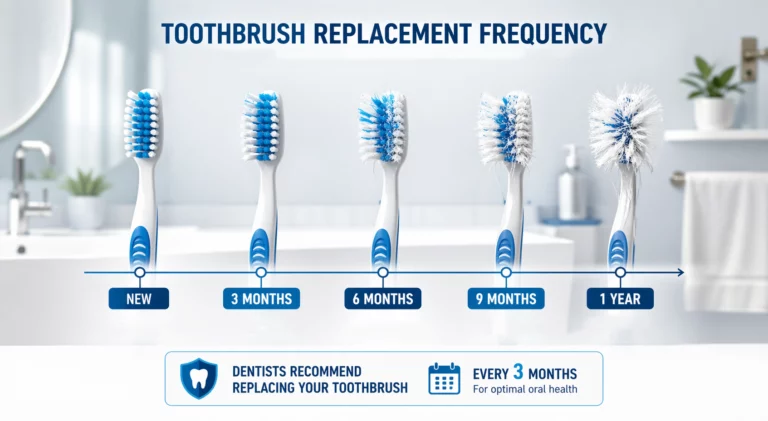 toothbrush replacement frequency comparison showing new and worn toothbrushes in a modern bathroom
