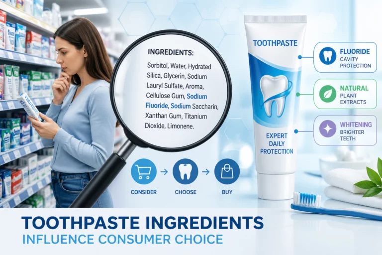Consumers comparing toothpaste products and reading ingredient labels in a store