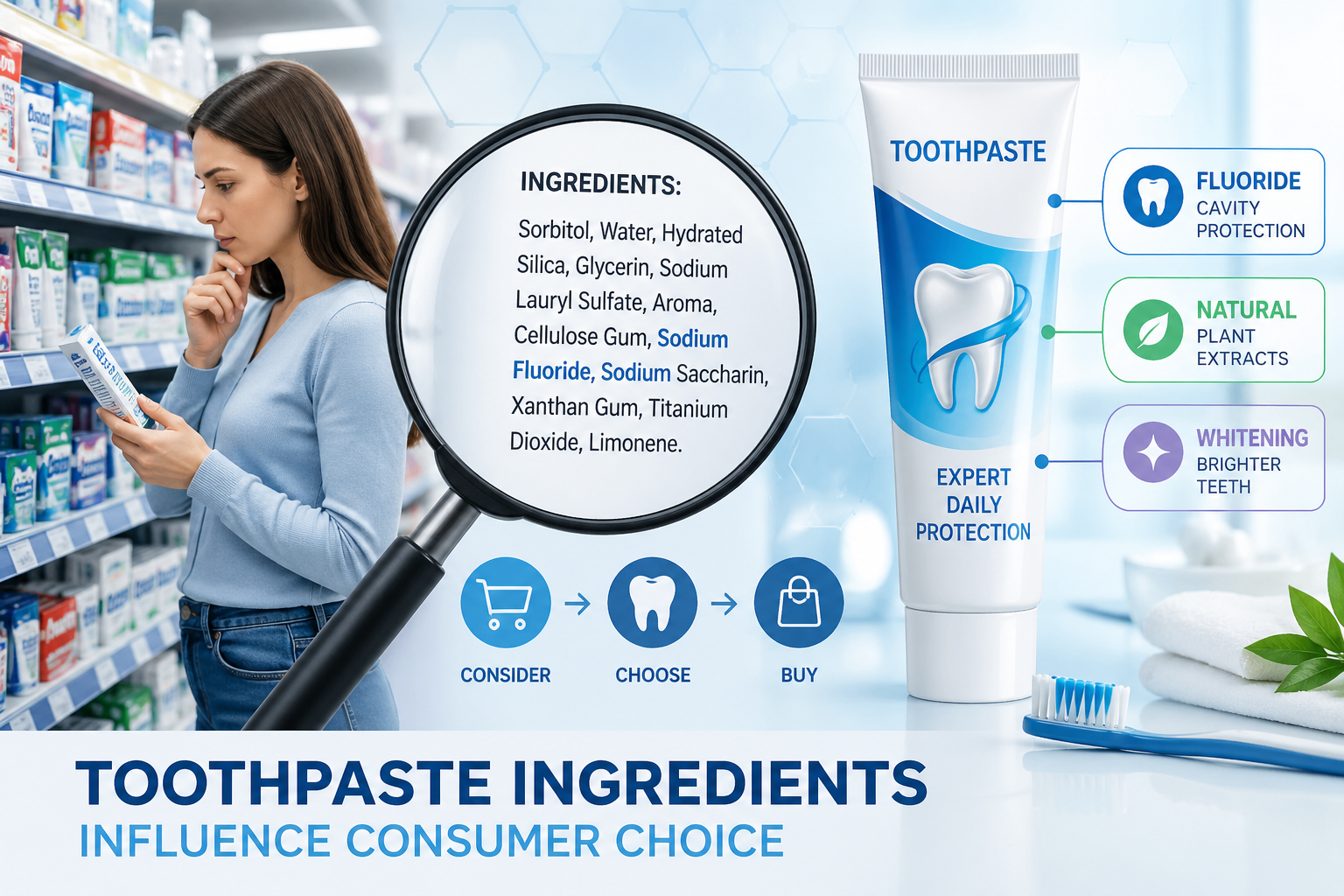 Consumers comparing toothpaste products and reading ingredient labels in a store