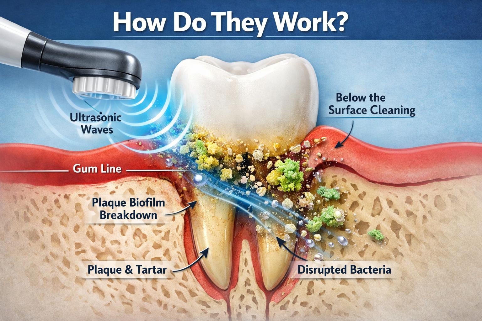 Ultrasonic electric toothbrush working principle showing plaque removal under gumline