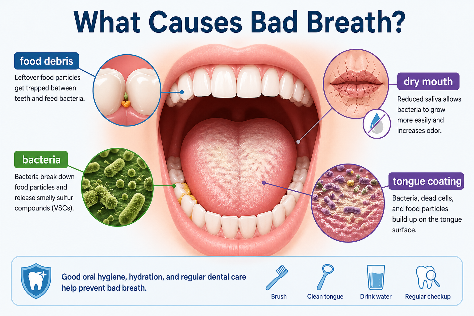causes of bad breath showing bacteria food debris and tongue coating
