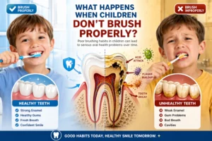 children don’t brush properly consequences comparison healthy vs unhealthy teeth