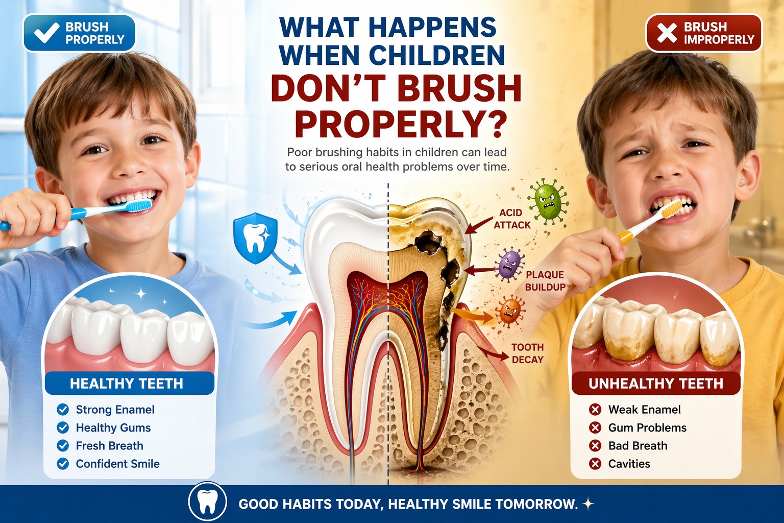 children don’t brush properly consequences comparison healthy vs unhealthy teeth